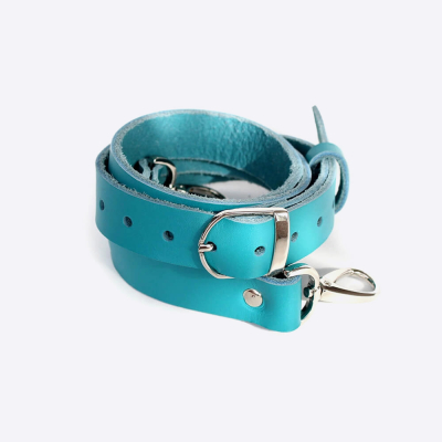 Длинный ремень с карабинами кожа 120 см (Бирюза, на плечо с пряжкой)