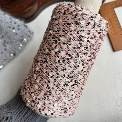 Бобина пайетки, Lustrosa Italy (50% хлопок, 50% пайетки) 200 м. (5131, Пудра, Белые и черные пайетки)